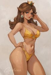 1girls big_breasts blue_eyes bra breasts brown_hair cinderone crown ear_piercing earrings female female_only flower_earrings hair hand_on_hip headwear hips lingerie lips long_hair mario_(series) nintendo orange_bra orange_panties panties princess_daisy solo solo_female thighs topwear wide_hips