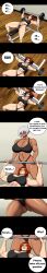 2girls breasts cartoon comic dark-skinned_female dark_skin dialogue exercise green_eyes gym huge_breasts lesbian lifting lifting_weights michelle_(mk001black) mk001black muscular muscular_female only_female original original_characters panties red_eyes red_hair sarah_(mk001black) short_comic weightlifting white_hair workout yuri