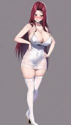 ai_generated aroused blush erza_scarlet fairy_tail high_heel_boots high_heels huge_breasts large_breasts matalica novelai pinup posing red_eyes red_hair transparent_clothing white_boots white_dress