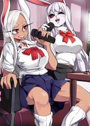 2girls :d absurd_res animal_ears black_sclera blue_skirt bongfillstudent bow bowtie carrot_(one_piece) colored_sclera colored_skin crossover female female_only highres holding_microphone karaoke large_breasts long_eyelashes long_hair microphone miruko multiple_girls my_hero_academia one_eye_closed one_piece open_mouth parted_bangs pleated_skirt rabbit_ears rabbit_girl red_eyes rumi_usagiyama shirt sitting skirt smile trait_connection white_shirt white_skin wholesome