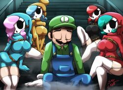 1boy 4girls belt black_hoodie blue_hair blue_hoodie breasts brown_belt brown_hair cap closed_eyes clothed clothing female garter_straps gloves green_hair green_shirt hair_over_one_eye humanized indoors light-skinned_female light-skinned_male light_skin luigi male mario_(series) mask multiple_girls mustache nintendo open_mouth overalls pink_hair red_hair red_hoodie shirt shy_gal shy_gal_black shy_gal_blue shy_gal_orange shy_gal_red sitting sitting_on_stairs skylight_(artist) stairs stockings suggestive super_mario_bros._(2023_film) thick thick_hips thick_thighs thighhighs thighs tight_clothing white_garter_straps white_gloves white_stockings white_thighhighs wide_hips yellow_hoodie