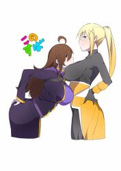 10s 2girls ahoge aqua_eyes ass between_breasts blonde_hair blue_eyes blush bodysuit breasts brown_hair copyright_name curvy darkness_(konosuba) face_between_breasts female female_only from_side hair_ornament hair_over_one_eye hand_on_ass hand_on_own_ass hand_on_own_hip head_between_breasts highres huge_breasts jikatarou kono_subarashii_sekai_ni_shukufuku_wo! leaning_forward long_hair long_sleeves looking_at_viewer multiple_girls ponytail purple_eyes simple_background white_background wiz_(konosuba) x_hair_ornament