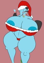 anthro bell bell_collar big_breasts blue_body blue_hair blue_nipples breasts christmas christmas_clothing christmas_headwear clothing collar dewott esmeralda_(riku9797) female generation_5_pokemon genitals hair hat headgear headwear heart hi_res holidays huge_breasts nintendo nipples pokemon pokemon_(species) pussy red_clothing red_thong red_underwear riku9797 santa_hat simple_background solo tail thick_thighs thong underwear whiskers yellow_eyes