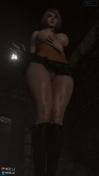 1girls 3d ashley_graham ashley_graham_(ella_freya) blender_(software) capcom female female_only green_eyes green_skirt open_shirt open_skirt red_lj resident_evil resident_evil_4 resident_evil_4_remake solo uniform vagina yellow_hair