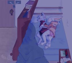 absurd_res alarm_clock anthro bed bedroom black_nose book bookshelf bottomwear bulge calendar canid canine canis clock closed_eyes clothed clothing cuddling digital_media_(artwork) dresser duo embrace fur furniture hi_res hoodie hug inner_ear_fluff jackal key lock lying male male/male mammal night no_pupils on_bed on_side panties panties_bulge paper pattern_clothing pill_bottle pillow shorts smile striped_clothing stripes text topwear tuft underwear yumunarri