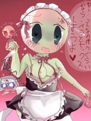 1boy 1girls belarus_(countryhumans) chibi china_(countryhumans) countryballs countryhumans countryhumans_girl exposed_breasts green_body green_skin heart-shaped_pupils japanese_text russia_(countryhumans) small_breasts text