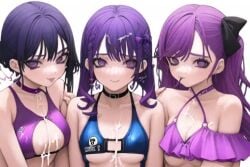 3girls ai_generated blue_bikini choker cum cum_in_hair cum_in_pussy cum_on_breasts cum_on_upper_body dark_purple_hair nervous_smile purple_bikini purple_eyes purple_hair tagme tongue_out