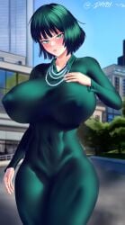 1girls alternate_version_available background big_breasts breasts dayby dress female female_only fubuki_(one-punch_man) green_dress green_eyes green_hair hand_on_breast hips huge_breasts large_breasts light-skinned_female light_skin lips necklace neckwear nipple_bulge one-punch_man short_hair smile solo