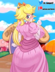 1girls alternate_costume alternate_version_available back back_view big_breasts big_lips blonde_hair blue_eyes blush breasts cd-i clothing crown dick_sucking_lips dress ear_piercing earrings female gloves hair headwear hotel_mario huge_breasts karuro-kun lips lipstick long_hair looking_back mario_(series) nintendo pink_dress pink_lips pink_lipstick princess_peach sideboob thick_lips white_gloves