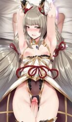 ai_generated armpits between_thighs blush breasts core_crystal dress eye_contact fangs female grey_hair hews_hack laying_on_bed navel nia_(blade)_(xenoblade) nia_(xenoblade) nipples penis petite pov pussy see-through small_breasts stomach sweat thigh_gap thigh_sex thighhighs thighs twintails uncensored xenoblade_(series) xenoblade_chronicles_2