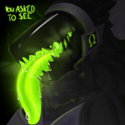 anthro ark_(woemutt) big_tongue bodily_fluids breath dialogue drooling eyeless glowing glowing_tongue green_tongue hi_res imminent_vore machine male male_only mouth_open musk no_eyes open_mouth protogen saliva solo tongue tongue_out visible_breath visor woemutt