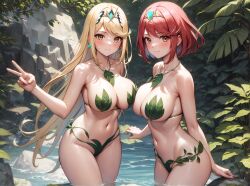 2girls ai_generated bangs blonde_hair blush breasts core_crystal female forest gold_eyes large_breasts leaf_bikini light-skinned_female light_skin long_hair mythra nintendo outdoors pyra red_eyes red_hair short_hair stable_diffusion swept_bangs thick_thighs xenoblade_(series) xenoblade_chronicles_2