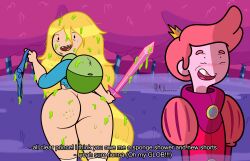 adventure_time ass backpack bag bite_mark cartoon_network casual clothed clothing exposed_ass female fionna_the_human_girl green_blood headwear horny human long_hair long_hair_female looking_back mr_valentine00 no_hat no_pants open_mouth pale_skin prince_gumball shorts smile text thick_ass thick_legs thick_thighs weapon