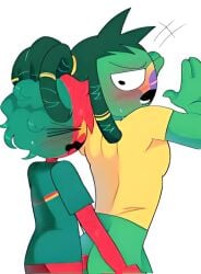 2boys blush brazil_(countryhumans) cameroon_(countryhumans) closed_eyes clothed_sex clothing countryhumans green_body green_skin humanoid male male_only red_body red_skin simple_background tshirt wavy_hair white_background world_cup xmari_11 yaoi