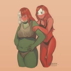 2girls belarus_(countryhumans) bra chubby_female countryhumans countryhumans_girl female female_only green_body green_skin light_orange_background multicolored_hair obese_female poland_(countryhumans) red_body red_skin simple_background stretch_marks thin_waist underwear wholesome yuri