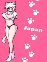 1girls anime_style asian asian_female cat_ears cat_tail countryhumans countryhumans_girl english_text humanized japan japan_(countryhumans) japanese_female kuzuyu_(artist) light-skinned_female light_skin long_hair paws pink_background red_eyes simple_background socks text underwear white_hair