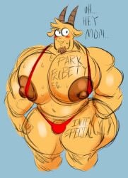 anthro bara bara_tiddies bara_tits big_areola big_areolae big_ass big_nipples big_pecs blush bomber_butthole cartoon_network facial_hair gay goat horns huge_nipples huge_pecs male_only non-human regular_show singlet sweatdrop sweaty sweaty_body thomas thomas_(regular_show) warner_brothers writing_on_body