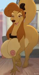 absurd_res accessory ass barefoot big_breasts big_butt breasts busty_feral canid canine canis collar digital_media_(artwork) disney dixie_(fox_and_the_hound) domestic_dog feet female feral fingers fur hair hair_accessory hi_res looking_at_viewer mammal nipples nude open_mouth ribbons simple_background smile smiling_at_viewer solo the_fox_and_the_hound toes uncanny_valley venjiiart