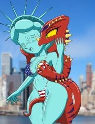 bikini dragon grabbing_breast licking metallic_body rubbing_pussy statue_of_liberty tansau