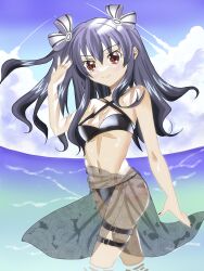 1girls beach bikini black_bikini black_hair breasts female female_only highres legs long_hair looking_at_viewer navel neptunia_(series) ocean red_eyes sarong small_breasts smile solo swimsuit thighs twintails uni_(neptunia) water