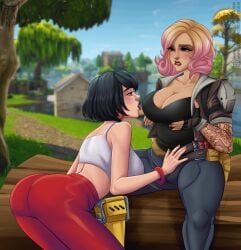 2girls cleavage clothed clothing evie_(fortnite) female female_only fortnite fortnite:_save_the_world lesbian lesbian_sex lesbians licking_breast pants penny_(fortnite) tagme tyrana yoga_pants yuri