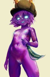 blue_eyes blue_nipples demon demon_girl female glowing_eyes glowing_genitalia hat knife little_fade looking_at_viewer melting_remnant monster monster_girl monster_train nude nude_female purple_skin short_hair smile smooth_skin solo wax young