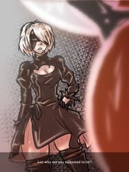 blindfold boob_window dark-skinned_female english_text female fully_clothed gaz_of_nylrac hand_on_hip headband light-skinned_female nier:_automata tagme text thick_thighs yorha_2b yorha_2p