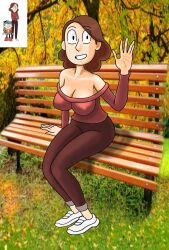 bardot_top breasts brown_hair brown_pants hilda_(series) huge_breasts johanna_(hilda) large_breasts looking_at_another looking_at_viewer red_sweater reference_inset shoes smile smiling smiling_at_viewer sweat white_shoes wide_hips