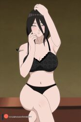 1girls agung911 armpits big_breasts blush boruto:_naruto_next_generations breasts brown_hair crossed_legs grey_eyes hyuuga_hanabi looking_at_viewer naruto naruto_(series) sitting solo thick_thighs underwear voluptuous wide_hips