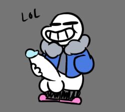 big_penis bone closed_eyes clothed clothing genitals grabbing_own_penis grabbing_penis hand_on_penis humanoid low_res lowered_pants male male_only non-human penis sans simple_background skeleton smile solo solo_male text toony tunemon undertale undertale_(series) white_body