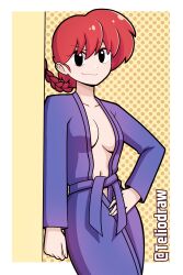 1girls bathrobe black_eyes blush breasts confident female female_only hand_on_hip human looking_at_viewer open_robe ranma-chan ranma_1/2 ranma_saotome red_hair sideboob solo tagme teliodraw twitter_username