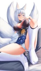 1boy absurdres animal_ears azur_lane blue_eyes blue_nails blue_skirt blunt_bangs breasts cum cum_on_clothes feet female footjob footjob_over_clothes footjob_with_legwear foreshortening fox_ears fox_tail grey_pants hand_up highres jewelry kaga_(azur_lane) knee_up kneehighs large_breasts legs looking_at_viewer maozi_dan medium_hair microskirt multiple_tails no_shoes off_shoulder out_of_frame panties pants ring sidelocks simple_background skirt socks soles straight swept_bangs tabi tail teeth thighs toes two-footed_footjob underwear v white_panties white_socks