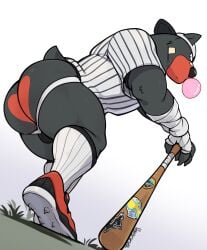 anthro ass bandit_(imfeelingbleu) baseball_bat baseball_cap baseball_uniform bat_(object) black_body black_fur bubble_gum clothing fur generation_2_pokemon haps hat headgear headwear hi_res houndour jockstrap low-angle_view male muscular muscular_male nintendo pantsless pokemon pokemon_(species) red_body red_fur simple_background solo sportswear underwear uniform white_background