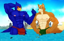 2023 absurd_res aircraft airplane anthro avian bird blue_body bulge canid canine city clothing dated destruction detailed_bulge digital_media_(artwork) duo falco_lombardi fox fox_mccloud green_eyes hi_res jackrinzler jet laser macro male mammal muscular muscular_male nintendo orange_body rampage sea ship speedo star_fox swimwear vehicle water watercraft