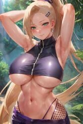 1girls ai_generated armpits arms_up blonde_hair blush curvy_body curvy_female curvy_figure female_focus female_only fishnets green_eyes high_resolution ino_yamanaka long_hair looking_at_viewer naruto ponytail solo solo_female stable_diffusion tanumanai underboob voluptuous voluptuous_female