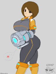 1girls arm_cannon ass bodysuit breasts brown_hair closed_mouth clothed clothed_female clothing female female_focus green_eyes heavy_breathing huge_breasts impregnation jacket jumpsuit light_skin looking_at_viewer mario_(series) mii mii_gunner mii_gunner_(smash_ultimate) mob_face nintendo ovum short_hair solid_eyes sperm_cell standing super_smash_bros. super_smash_bros._ultimate totonaito wario wario-man warioware x-ray