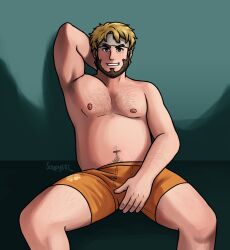 barry_goodman beard chest_hair facial_hair fire_emblem hand_behind_head hand_over_crotch male male_only muscles nintendo overweight solo solo_male soupyeel tokyo_mirage_sessions_#fe underwear underwear_only