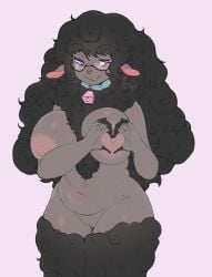 anthro areola bell bell_collar big_breasts black_hair black_sheep black_wool bovid breasts caprine collar cowbell ewe eyewear female fur genitals gesture glasses grey_body grey_fur hair half-moon_glasses hand_heart hi_res mammal nipples nude purple_eyes pussy sheep sheep_girl slightly_chubby smile solo standing vonnir wool_(fur)