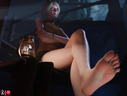 3d asagamiyo ashley_graham ashley_graham_(ella_freya) barefoot blonde_hair capcom feet female foot_fetish foot_focus looking_at_viewer orange_jacket plaid_skirt presenting_feet resident_evil resident_evil_4 resident_evil_4_remake short_hair sitting skirt soles tagme toes video_games