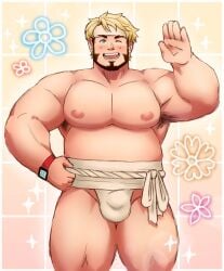 armpit_hair balls barry_goodman beard bulge facial_hair fire_emblem fundoshi imaboii666 male male_only muscles nintendo one_eye_closed overweight penis smiling solo solo_male tokyo_mirage_sessions_#fe