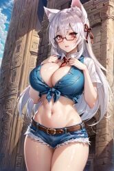 1girls ai_generated curvy curvy_body curvy_female female_focus female_only fox_girl glasses hi_res huge_breasts milf seductive_look solo solo_female stable_diffusion tourist voluptuous voluptuous_female white_hair