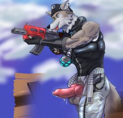 abs absurd_res anthro ass balls biceps big_butt blep bodily_fluids bottomwear brown_body brown_fur canid canine canis clothed clothing cloud digital_media_(artwork) ear_piercing ear_ring epic_games erection fingerless_gloves fortnite fur genital_fluids genitals gloves gun handwear headgear hi_res knot male male_only mammal muscular muscular_anthro muscular_male pants penile penis piercing precum pubes ranged_weapon ring_piercing simple_background sky smile solo tail tongue tongue_out topwear weapon wendell_(fortnite) white_body white_fur wolf zachsroom