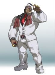 bald balls bara bulge dark-skinned_male dark_skin face_markings fully_clothed hanmankit male male_only muscles muscular nintendo pokeball pokemon pokemon_masters sawyer_(pokemon_masters) solo solo_male suit sunglasses sunglasses_removed