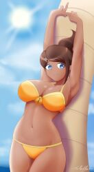 1girls armpits arms_raised arms_up asahina_aoi big_breasts bikini blue_eyes breasts busty cleavage danganronpa danganronpa:_trigger_happy_havoc danganronpa_s:_ultimate_summer_camp dark-skinned_female female female_focus female_only hourglass_figure huge_breasts large_breasts leaning_back looking_at_viewer neolink077 ponytail shaved_armpit staring_at_viewer straight_hair sweating tan_body tanned tanned_female thick_thighs thighs tomboy voluptuous voluptuous_female