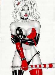 1girls 2023 baseball_bat batman_(series) big_breasts bikini biting_lip bra_strap_down choker cleavage collar curvaceous curvy_body curvy_figure dc dc_comics ed_benes_studio elbow_gloves female female_only half-dressed half_naked harley_quinn hi_res holding_baseball_bat huge_breasts legwear lipstick looking_at_viewer pigtails seductive_look solo solo_female thighhighs thong twintails underwear