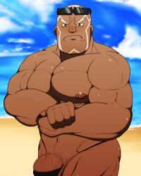 artist_request bald balls bara big_penis blush bulge censored_penis dark-skinned_male dark_skin face_markings flexing male male_only muscles muscular nintendo penis pokemon pokemon_masters sawyer_(pokemon_masters) solo solo_male sunglasses sunglasses_on_head thong