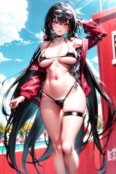 1girls ai_generated azur_lane bikini black_hair curvaceous curvy_body curvy_female curvy_figure female_focus female_only hi_res high_resolution huge_breasts looking_at_viewer red_eyes seductive_eyes solo stable_diffusion sunglasses_only taihou_(azur_lane) voluptuous_female