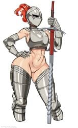 abs armor armored_boots boots chest_armor cowboy_shot female flamberge gauntlets hand_on_own_hip helmet highres holding holding_sword holding_weapon kardia_of_rhodes knight long_hair medieval_armour muscular muscular_female navel nisetanaqa orange_hair original pussy solo stomach sword thigh_boots weapon white_background zweihander