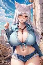 1girls ai_generated animal_ears curvaceous curvy_body curvy_female curvy_figure female_focus female_only fox_girl glasses hi_res huge_breasts long_hair milf seductive_look stable_diffusion tourist white_hair