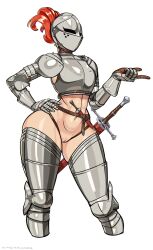 1girls abs armet armor armored_boots artist_logo artist_name belt bollock_dagger boots breastplate couter cowboy_shot cuirass cuisse dagger female female_knight fit_female gauntlets gorget greaves hand_on_hip hand_on_own_hip helmet highres kardia_of_rhodes knife knife_sheath knight light-skinned_female light_skin longsword medieval medieval_armor medieval_armour muscular muscular_female navel nisetanaqa original pauldrons plate_armor pointing poleyn pussy rerebrace scabbard sheath sheathed shoulder_armor solo stomach sword thigh_boots toned_female vambraces weapon white_background